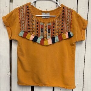 Anthropologie XS Chloe Oliver Yellow Mustard Embroidered Fringe Sweater Top